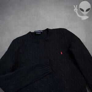 Ralph Lauren Sport Knit Sweater Small Black Cableknit Lambswool Cashmere Vintage